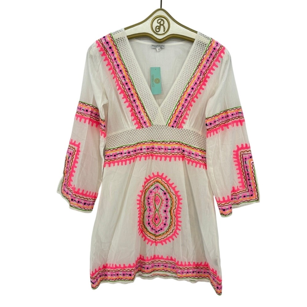 Debbie Katz Cover Up Mini Dress XS White Pink Summer Boho Beach Vacation